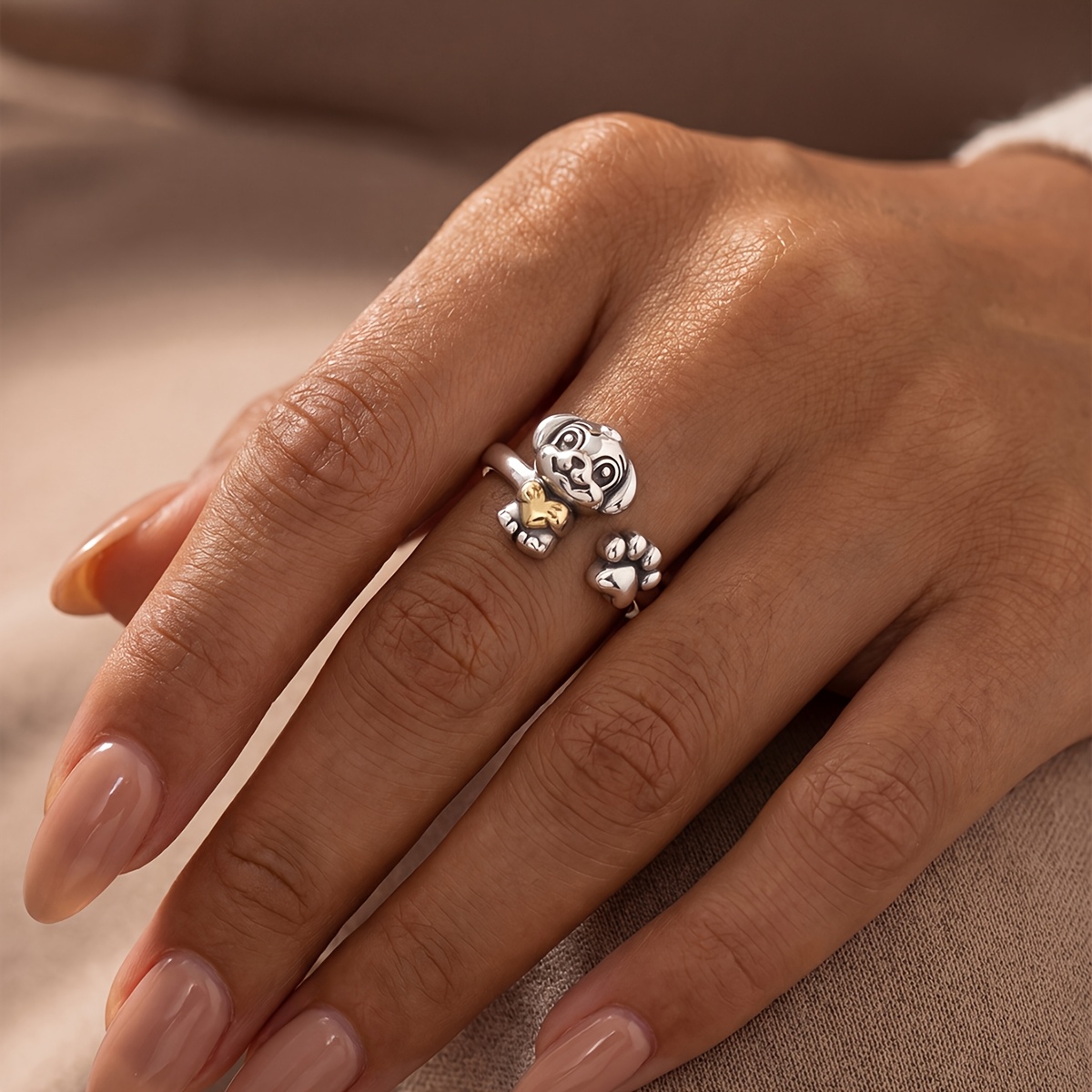 Women's Puppy Hugging Heart Open Ring, Daily Versatile Fashion